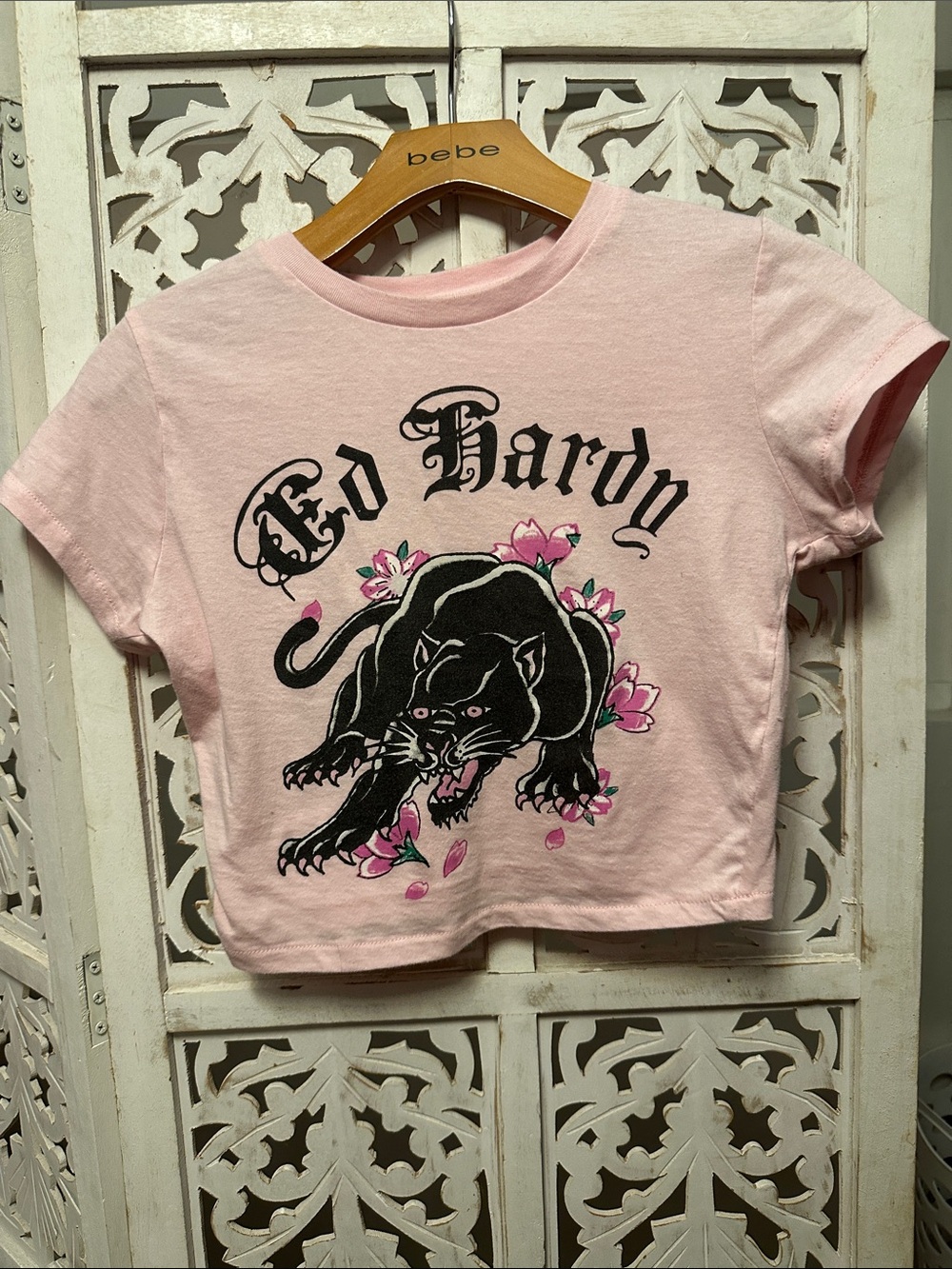 Ed Hardy Pink Short Sleeve Tee with Black Panther Graphic